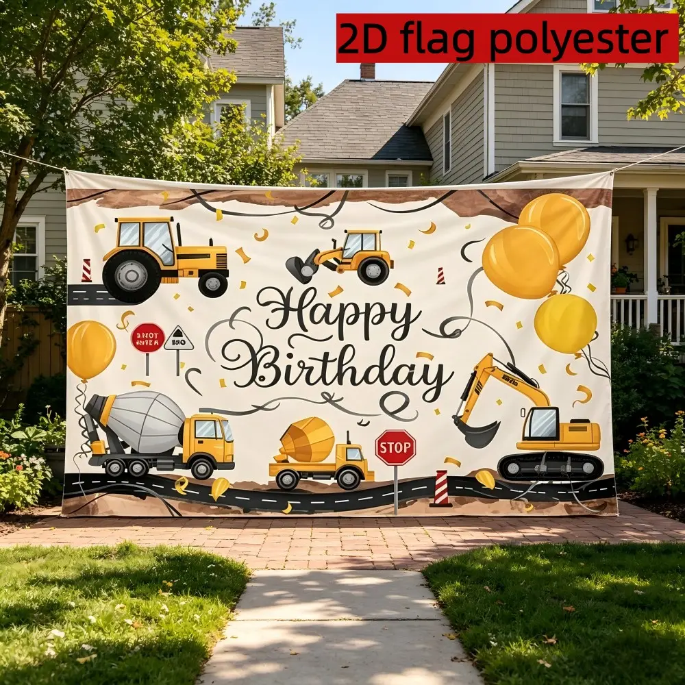 2D Flat 1PC Polyester Banner, Construction Vehicle Theme "Happy Birthday" Design, Featuring Excavator, Mixer Truck & Road Sign Balloon Elements, Cute Cartoon Style, Indoor and Outdoor Use, Ideal for Kids Birthday Party, Construction Themed Event,
