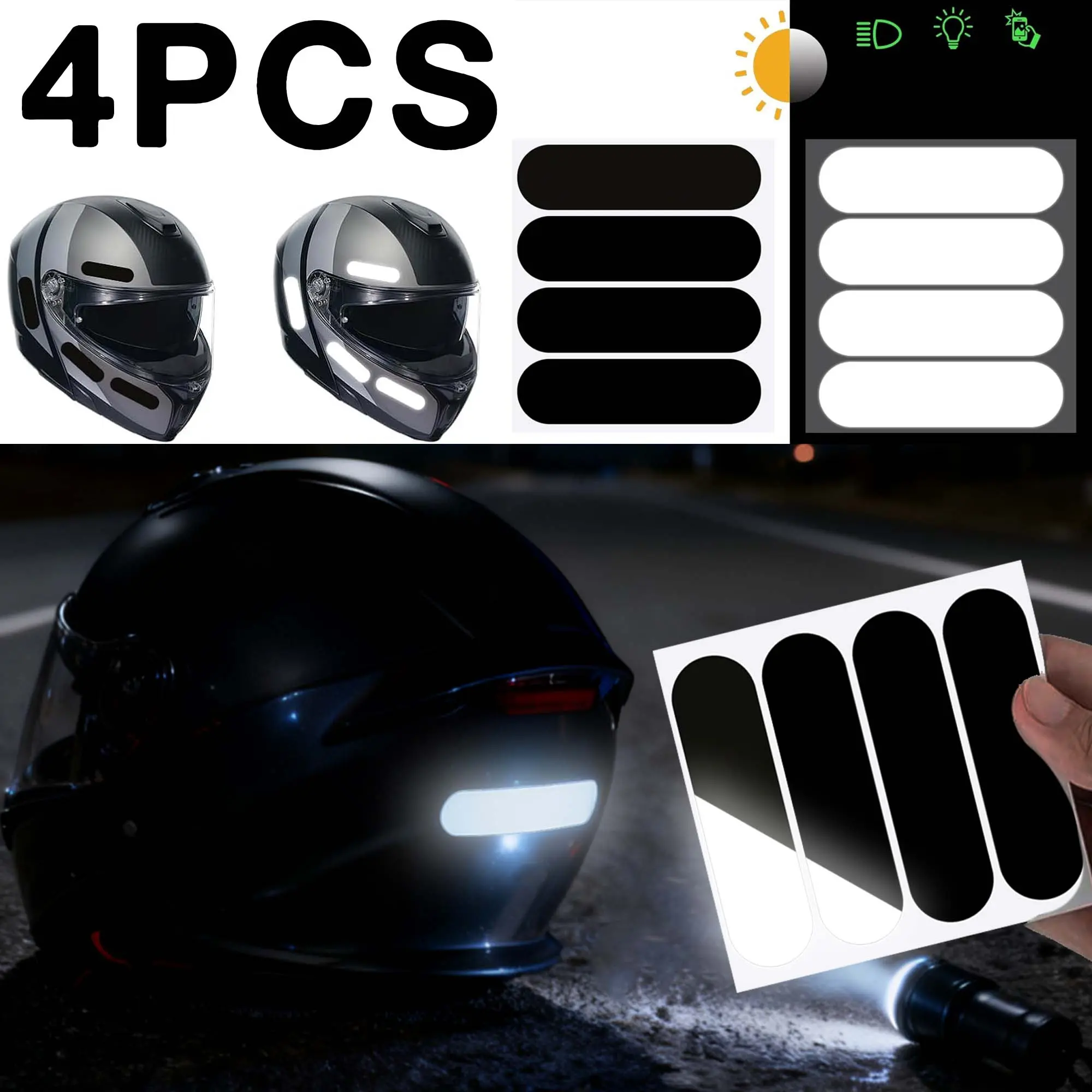 4PCS/1sheet Reflective Black Stickers for Motorcycle Helmets, High-visibility Reflective Decals Suitable for Motorcycle Helmets, Scooters, Bicycles and Mopeds, Strong Adhesive Properties, for Use Both Day and Night
