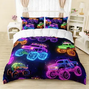 Monster Truck Duvet Cover Set Large, Cartoon Neon Truck Kids Bedding 3 Piece Set, Galaxy Theme Colorful Quilt 2 Pillowcases, Soft Breathable Polyester Fabric