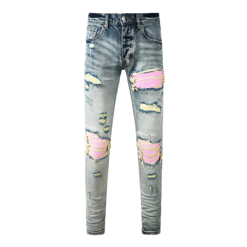 Street Style Fashion Men Jeans Retro Light Blue Stretch Slim Fit Ripped Jeans Men Pink Patched Hip Hop Brand Denim Pants