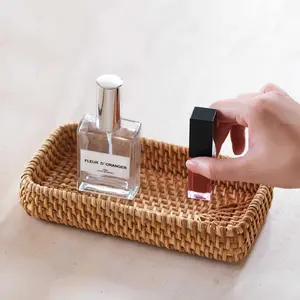 Woven Rattan Serving Tray, Rectangular Wicker Basket, Decorative Serving Tray for Living Room, Coffee Table, Home Organizer for Remote Control, Sundries