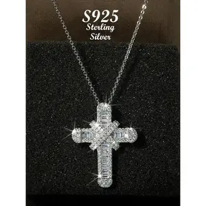 S925 Sterling Silver Cross Pendant Necklace with Box, Rhinestone Decor Necklace for Women for Gift, Fashion Jewelry Accessories for Daily Wear