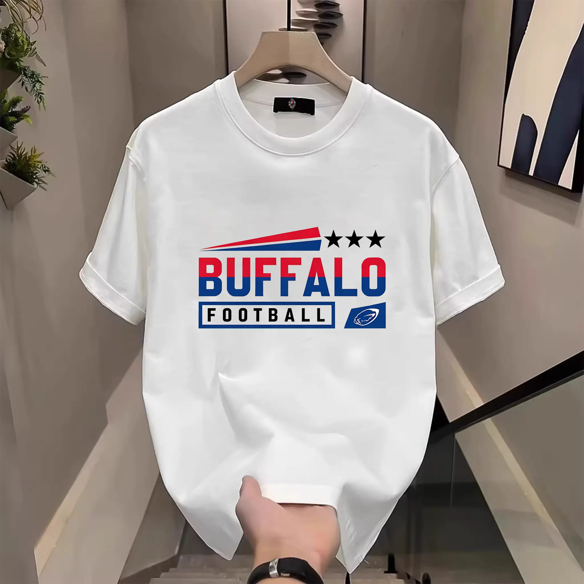 Mens Three Star Football Graphic Crew Neck T-Shirt, DTG Direct To Garment Printed Casual Short Sleeve Tee, Sport Fan Game Day Apparel