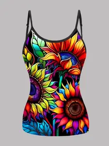Vibrant Sunflower Print Strapless Vest Top, European Art Style Fashion Slim Fit Women's Clothing, Trendy Single Piece Upperwear