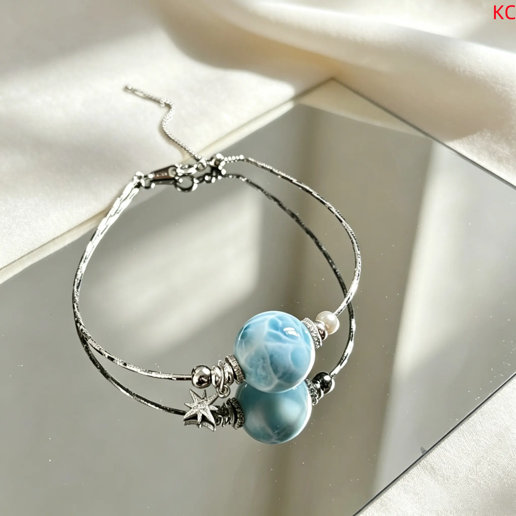 Single Bead Larimar Bracelet, Solid Silver Adjustable Wrist Size Women Fashion Bracelet Jewelry