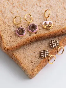 Ladies Earring Set Fun Food Doughnut Series Pendant Stainless Steel 18k Gold Plated Waterproof And Anti Allergy Lolitta Style Cute Girl Afternoon Tea Jewelry