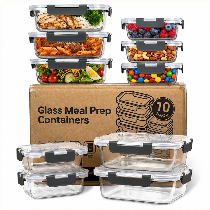 10-Pack High Borosilicate Glass Food Storage Containers with Airtight locking Lids, BPA-Free, Lead-Free, Leak-Proof,Microwave Oven Freezer Dishwasher Safe, Meal Prep & Lunch bowls, 20-Piece (10 bowls+10 lids), Rectangle Large Storage