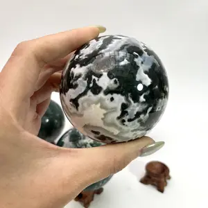 Moss Agate Green Crystal Quartz Sphere Wood Stand Natural Stone Healing Reiki Mineral Divination Ball