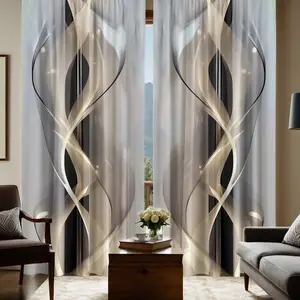 2pcs Elegant technological sense streamline pattern Digital Print Curtains, Semi-Transparent Polyester, Fade Resistant, Hand Washable, Home Decor, Home Decoration Curtain