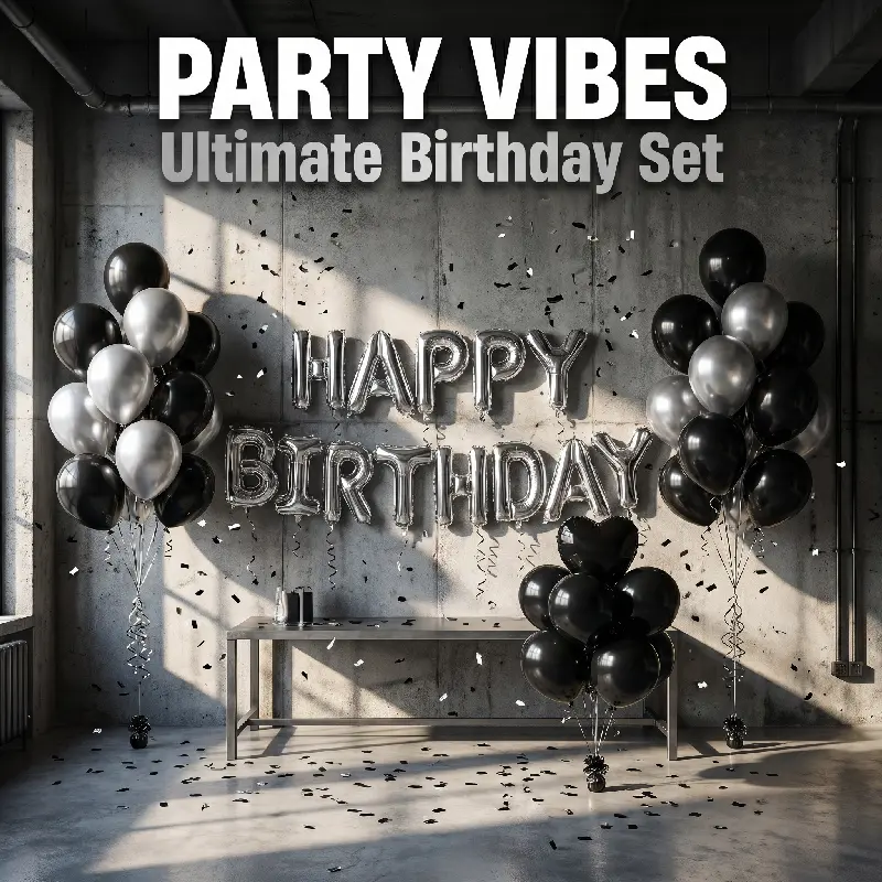 32pcs Birthday Balloon Set, 16inch Silver Happy Birthday Letter Balloons, 18inch Black And Silver Heart-Shaped Aluminum Foil Balloons And Latex Balloons, Suitable For Birthday Party Decoration, Indoor Wall Decoration Banner Celebration