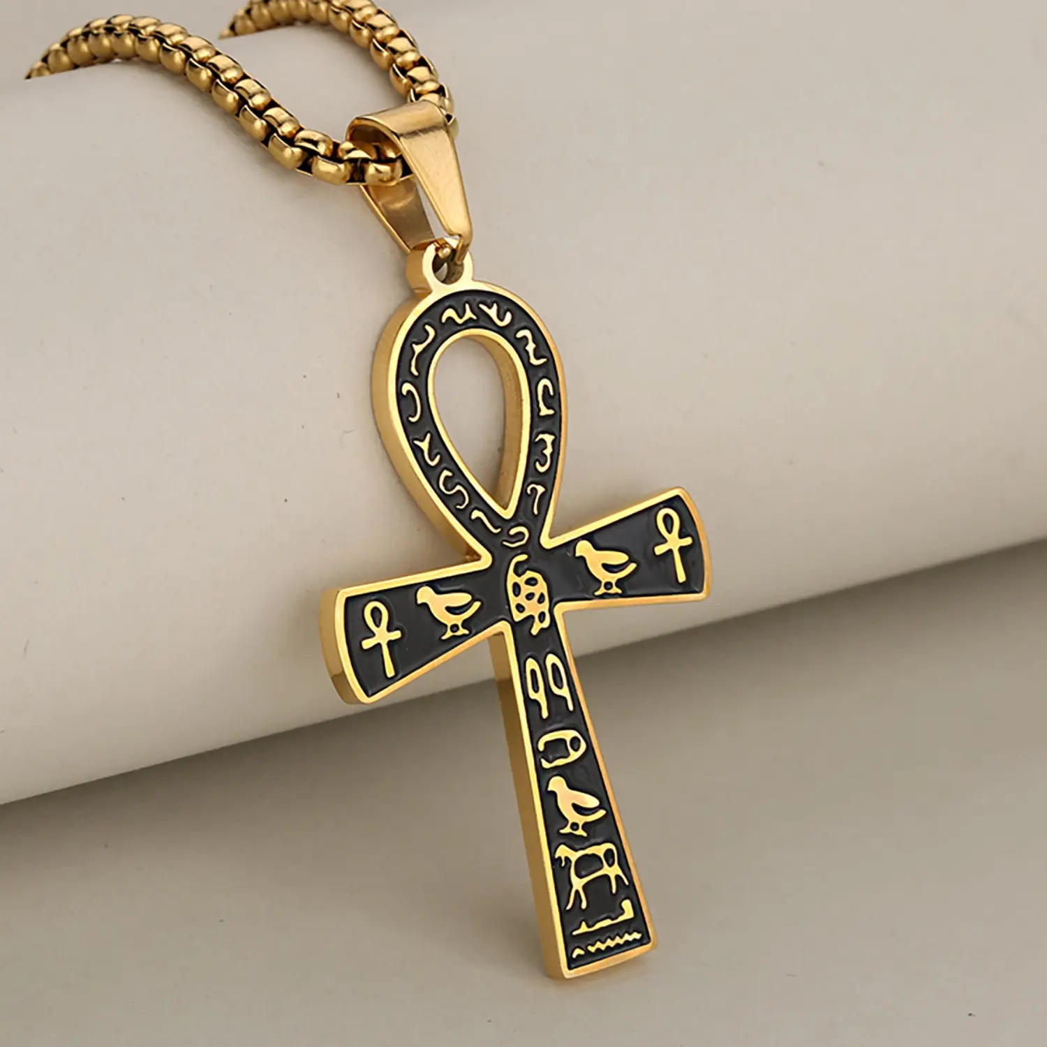 FLORIDECO Egyptian Stainless Steel Ankh Symbol Pendant Necklace - 24in Cuban Link Chain Jewelry, Black/Gold/Silver Trendy Accessory for Christmas, Ankh Symbol Necklace, Egyptian Ankh Necklace,summerwins