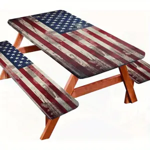 Picnic Table Cover with Bench Cover 3pcs Camping Essentials Form-Fitting Camping Tablecloth High Quality and With Elastic Edges for Indoor and Outdoor Patio and Holiday Party Decorations Vintage American Flag