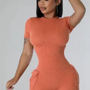 Women Orange shorts open back zip up Romper bodysuit Comfortable Fit