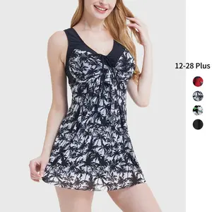 Women's Plus Size Swimdress Flower Printed Swimwear Cover Up Swimsuits with Skirt