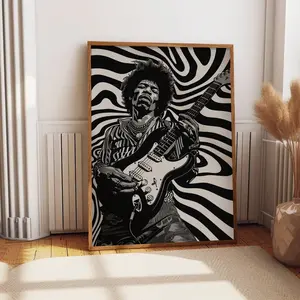 Jimi Hendrix B&W Wall Art, Music Hero Print, Retro Concert Poster, Psychedelic Room Décor, 70s Vintage Poster