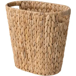 Handwoven Water Hyacinth Wicker Waste Basket, Trash Can with Built-in Handles, Wicker Garbage Can for Bedroom and Bathroom, 1 Pack