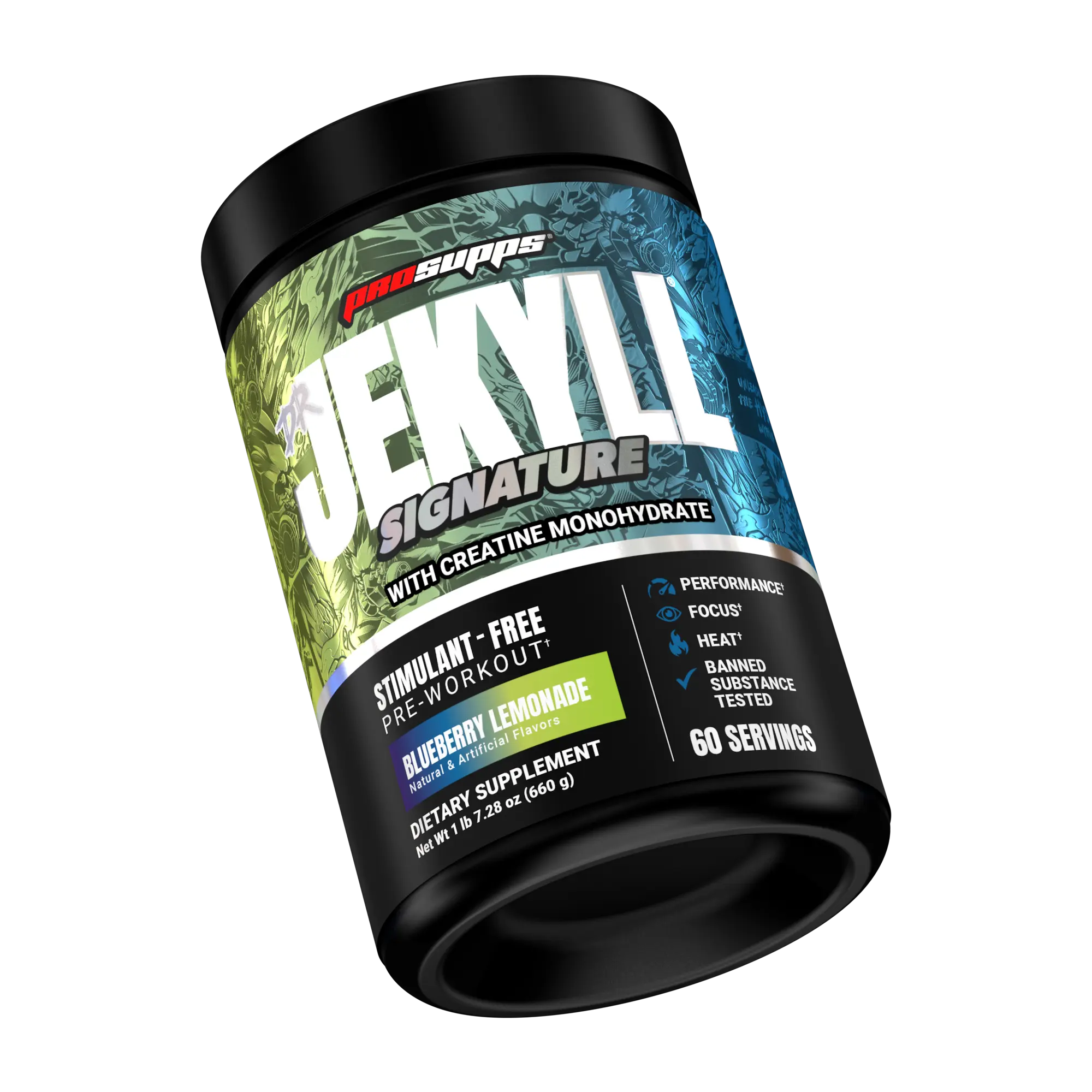 ProSupps Dr. Jekyll Signature Pre Workout Powder with Creatine - Stim-Free Preworkout Supports Focus & Endurance - Caffeine-Free Gym & Fitness Supplements (Blueberry Lemonade, 60 Servings)