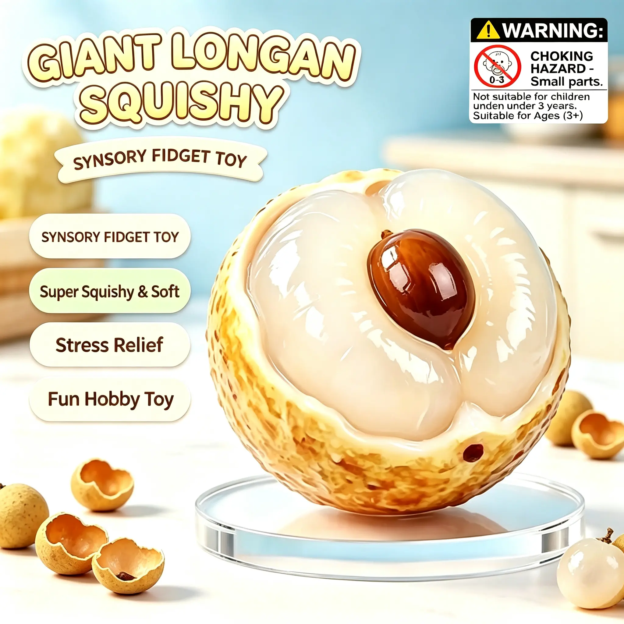 Jumbo Realistic Longan Squishy Fidget Toy, Ultra Soft Squishy Fruit Squeeze Toy, Viral Summer Stress Relief Toy, Vivid Fruit Sensory Hobby Toy, Fun Playable Desk Decor & Party Gift for Teens and Adults