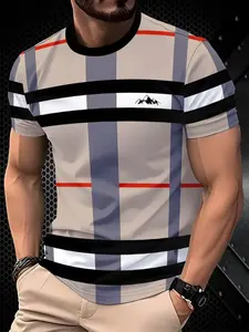 Men's Casual Fitted Short Sleeve T-Shirt, Pure Color Round Neck, Breathable Comfort Street Style, Modern Striped Pattern Knitted Fabric, All Seasons, Menswear