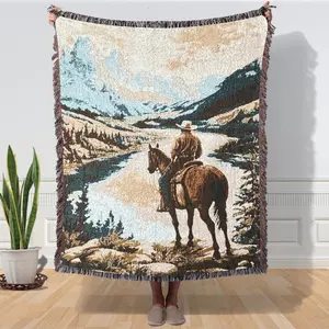west cowboy Pattern Woven Jacquard Blanket, Colorful Fringe Trim, Throw Blanket, Indoor Outdoor Use, Multi-Purpose Bed blanket / Sofa blanket / Air conditioning blanket / picnic blanket/ Camping blanket/tapestry