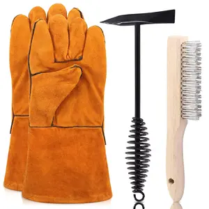 3 Pack Scratch Wire Brush Slag Removal Tool Kit with Welding Leather Gloves, 10 Inch Welding Chipping Hammer and Wirebrush, Welding Slag Removal Tool for Cleaning Removing Slag