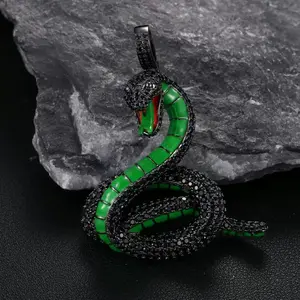 5360 3D Coiled Snake Pendant, Micro Pave Black Stones Green Enamel Serpent Charm, Streetwear Hip Hop Jewelry summerwins