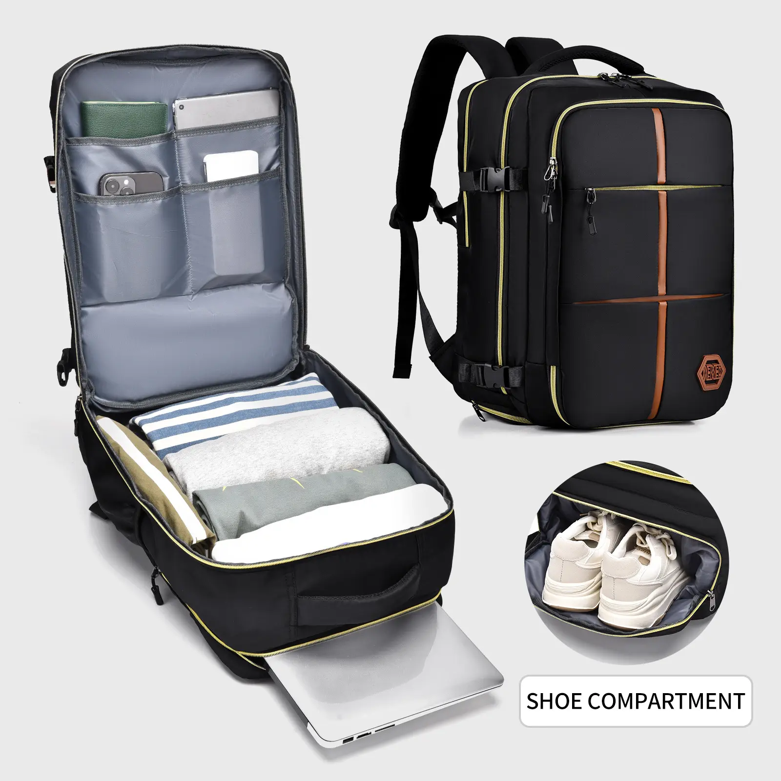 backpack with shoe compartment and laptop BANGE Travel Overnight for Men,40-Liter FAA Flight Approved Weekender Bag(Backpack 3 Cubes), Black(Backpack With 3 Cubes) Water Resistance Sports Backpack With Shoe Compartment