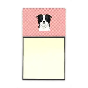 212 MAIN Checkerboard Pink Border Collie Refillable Sticky Note Holder, 3x3 In. Postit Note Dispenser, Office Desk Accessory, Stationery Storage Organizer