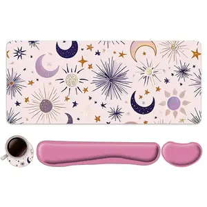 Moon & Star Pattern Mousepad & Keyboard Wrist Rest & Coaster Set, Ergonomic Wrist Support Mouse Pad, Desk Accessories Set for Home Office Gaming