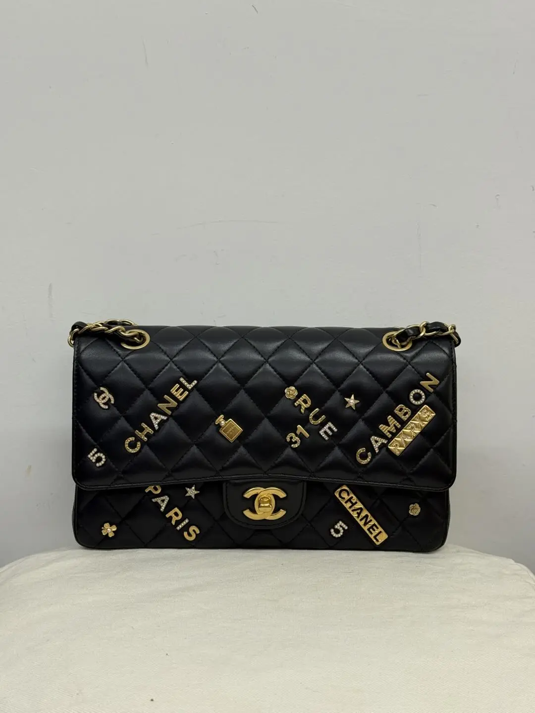 Pre-owned CHANEL Classic Flap Medium Limited Edition Lucky Charms Bag in Black Lambskin with Gold Hardware, 30 Series (Style Code: B2307040)