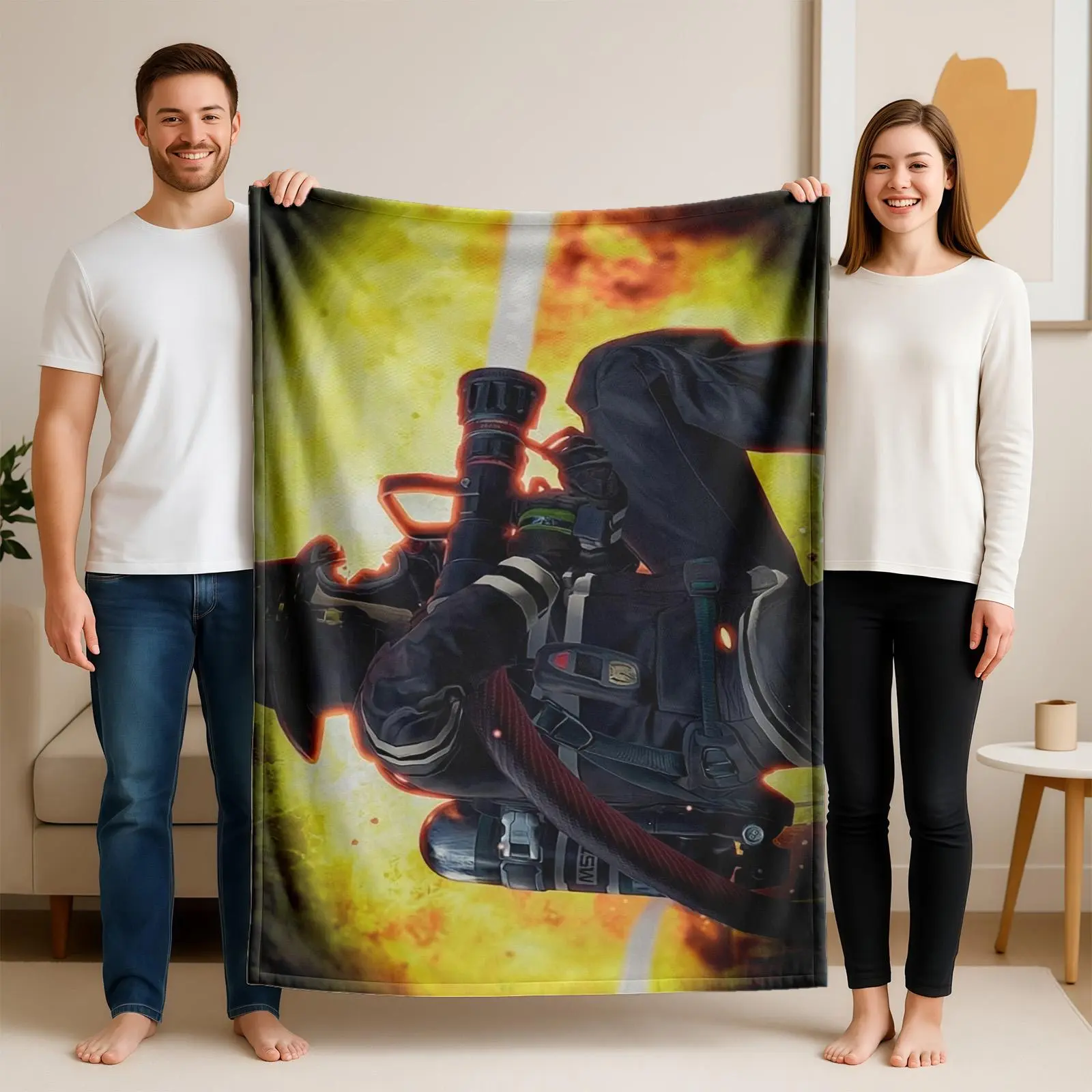 1 piece Firefighter Fire Extinguishing Scene Recording themed flannel blanket - Oversized fluffy flannel sofa blanket, suitable for beds and sofas, modern design, all-season use, digitally printed pattern, 100% polyester material, machine washable
