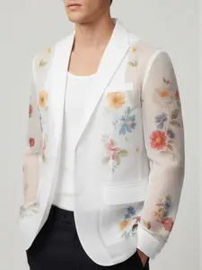 YINK Men's Floral Print Sheer Blazer, Lightweight Slim Fit Suit Jacket, Spring Summer Fashion Outerwear, Stylish Men's Clothing