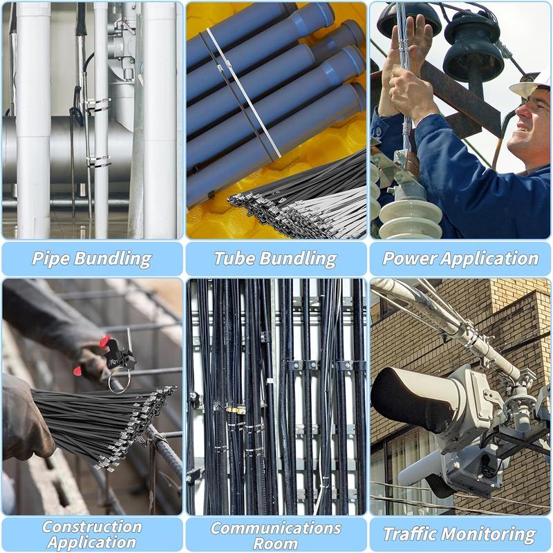 500 count Metal Zip Ties  Kit,  Black 12 Inch Heavy Duty Metal Zip Ties, Multi-Purpose Self-Locking  Tie Tool Set for  Farms  Fences Pipe Bundling