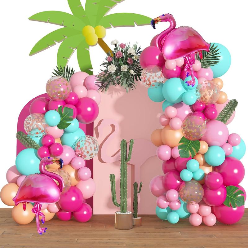 124Pcs Tropical Flamingo Balloon Arch Garland Kit 40" Flamingo Balloons Hot Pink Confetti Balloons Tropical Palm Leaves 4 Tools Hawaiian Luau Birthday Wedding Baby Shower Party Decorations Supplies Float
