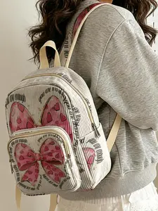 1 piece of pink heart bow 'youareloved' 2D printed ladies' backpack, velvet texture + layered storage + light weight reduction | perfect for students to go to class/shopping/short trips | combines atmosphere with practicality