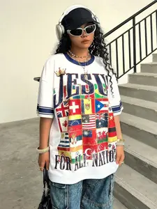 Vintage Flag Patchwork T-Shirt, American Street Style Loose Short Sleeve Top, Jesus for All Nations Slogan, Multi-Flag Print, Blue Striped Collar