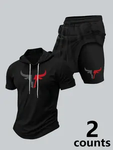 Men's 2-Piece Bull Logo Workout Set, Short Sleeve Hooded T-Shirt & 2-in-1 Athletic Shorts, Quick Dry Gym Outfit for Bodybuilding, Training, Fitness #tiktokmademebuyit