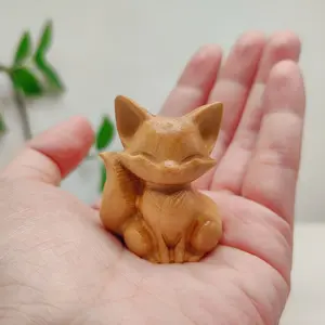 1pc Wooden carving of a cute little fox art figurine, hand-carved from solid wood, a lovely home decoration item, a creative gift for the living room, a tabletop companion gift.