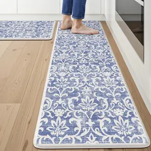 Anti Fatigue Mats for Kitchen Floor Sets of 2, Vintage Distressed Blue Cushioned Kitchen Mat for Laundry,Non Slip Memory Foam Standing Mat for Home, Office, Desk,Sink(17.3"x29"+17.3"x59")