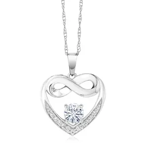Gem Stone King 10K White Gold White Moissanite and White Lab Grown Diamond Heart and Infinity Pendant Necklace For Women (0.92 Cttw, Round 5MM, with 18 Inch Silver Chain)