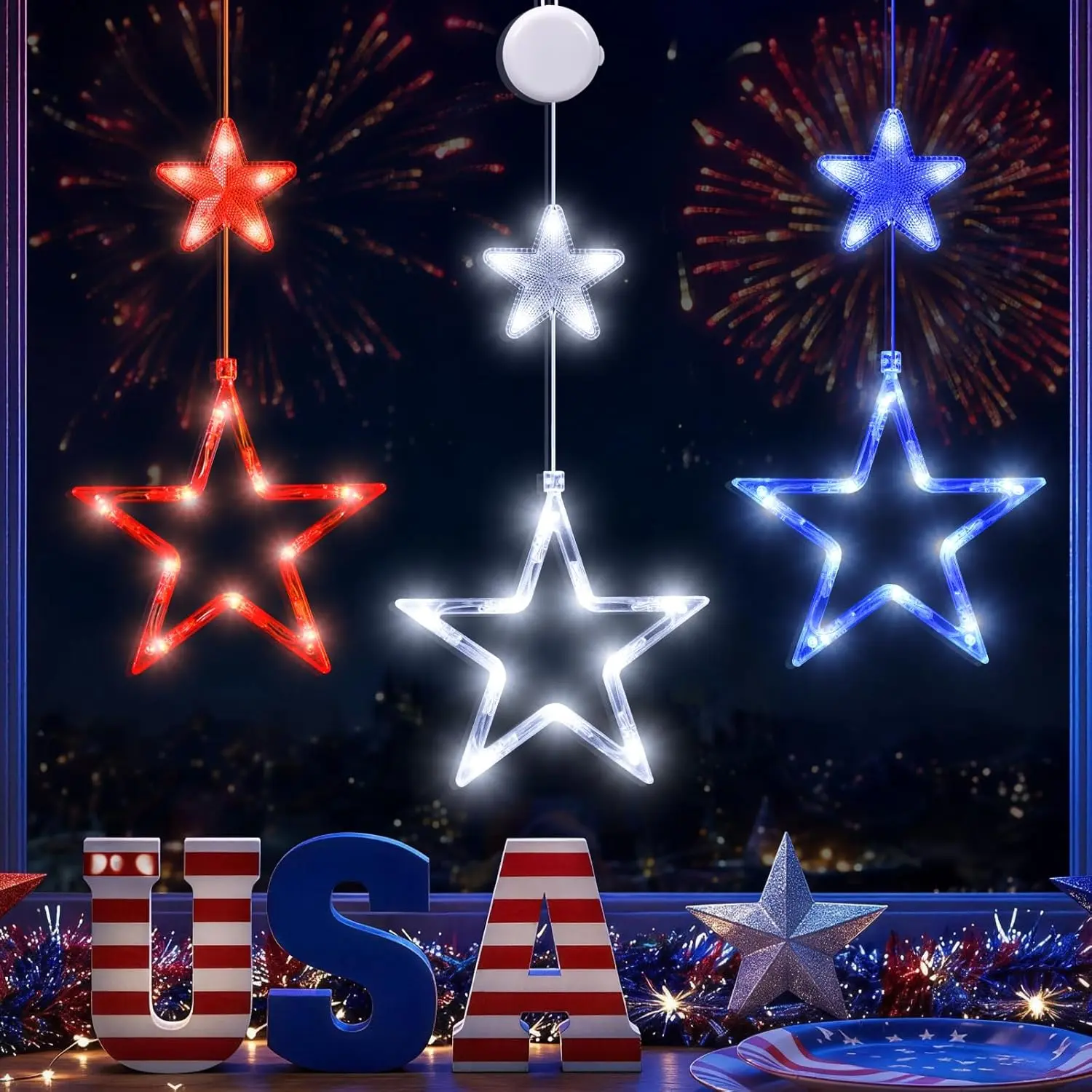 4th of July String Lights Decorations, 3 Pack, Battery Operated, Red White and Blue, Indoor Window Star Lights, Patriotic Independence Day Decor
