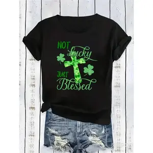 Men'S & Women'S St. Patrick'S Day Graphic T-Shirt - Not Lucky Just Blessed Christian Faith & Irish Luck Design with Shamrock Cross, 220gsm Heavyweight Pure Crew Neck Casual Tee for Irish-Themed Events, Casual Attire & Layering - Unisex Retro Style A