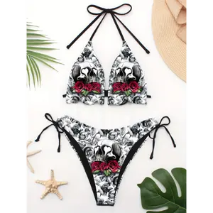 [200g/m² High Stretch Bikini Set] Floral Skull Print Bikini Set, High Stretch Polyester and Spandex Knit Fabric, Strapless Lace-Up Swimwear, 82% Polyester 18% Spandex, 200g/m² Weight, Beachwear for Women spring outfits