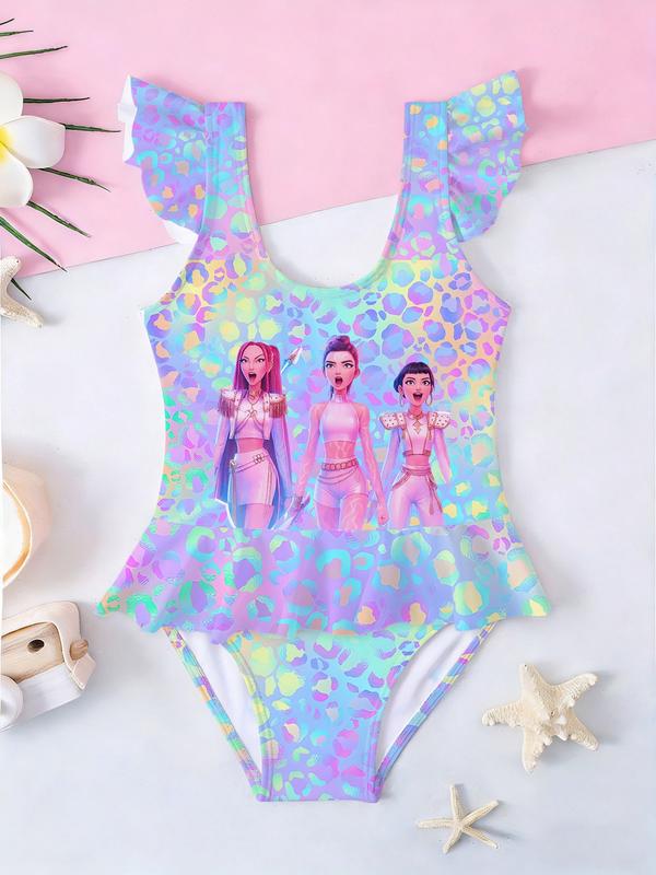 Girls Kpop Demon Hunters One-Piece Swimsuit, Colorful Polka Dot Group Image Print, Ruffled Sleeveless Swimwear, Summer Beach Wear