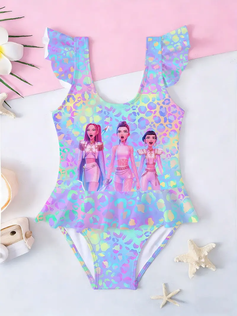 Girls Kpop Demon Hunters One-Piece Swimsuit, Colorful Polka Dot Group Image Print, Ruffled Sleeveless Swimwear, Summer Beach Wear