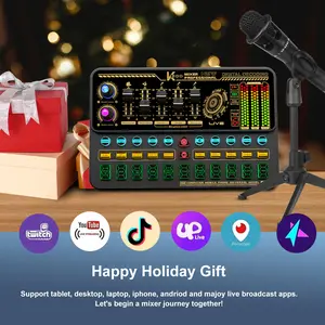 Hosabely Sound Mixer, Live Sound Card with Volume Fader, Voice Changer, Sound Effects, LED Lights, for Karaoke, Streaming, Recording, Gaming