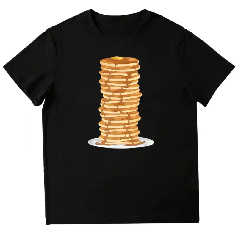 Men'S & Women'S Pancake Lover Graphic T-Shirt - Brown Pancake Stack Design with Golden Syrup & Plate - Vintage Breakfast Tee for Pancake