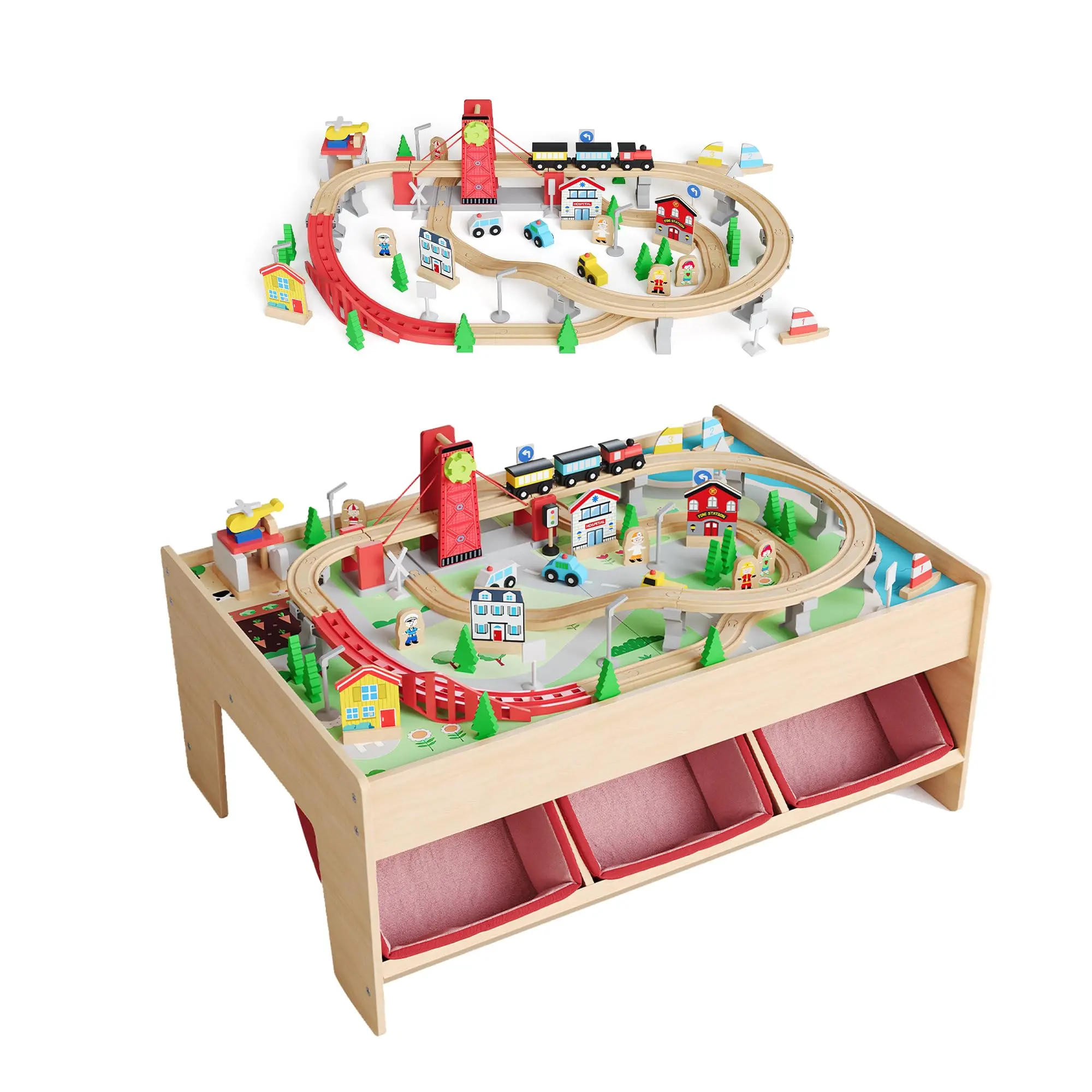 2-in-1 Wooden Train Table Playset for Kids, Reversible Activity Table with 92-Pc Tracks & Train Set, 3 Storage Bins, Premium Solid Wood Play Table, Ages 3+ summerwins