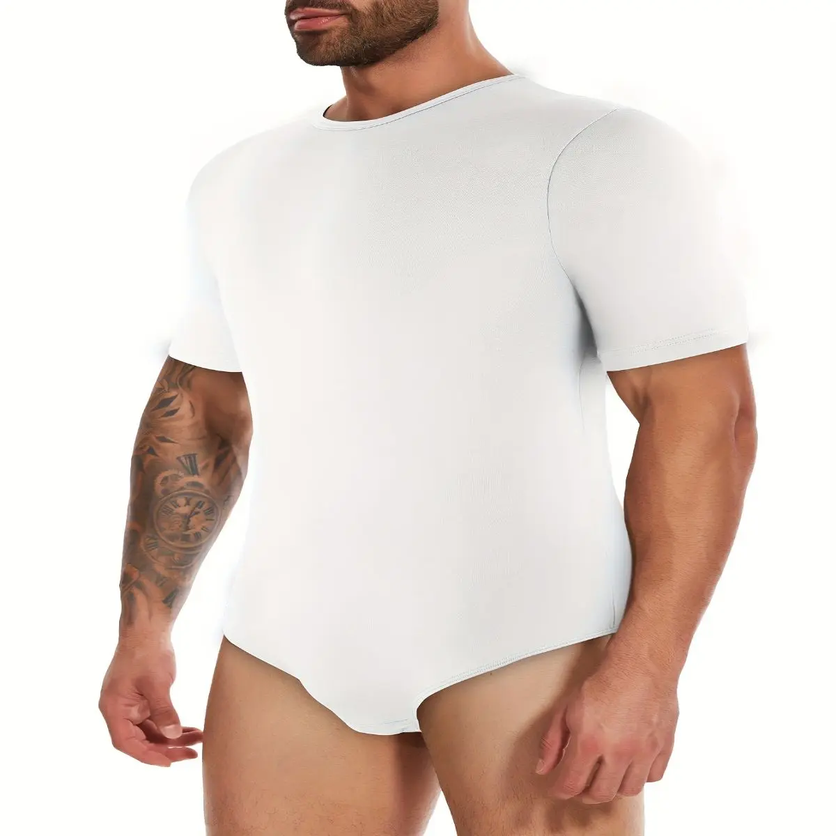 1pc Men's Lightweight Short Sleeve Bodysuit - Stretchy, Breathable Viscose Fabric, Crew Neck, Solid Gray, Comfort Fit for Casual Wear