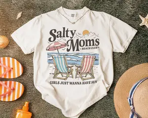 Comfort Colors Salty Moms Beach Club Shirt, Retro Summer Mom Tee, Girls Just Wanna Have Sun, Beach Vacation Gift, Coastal Mom Aesthetic Top